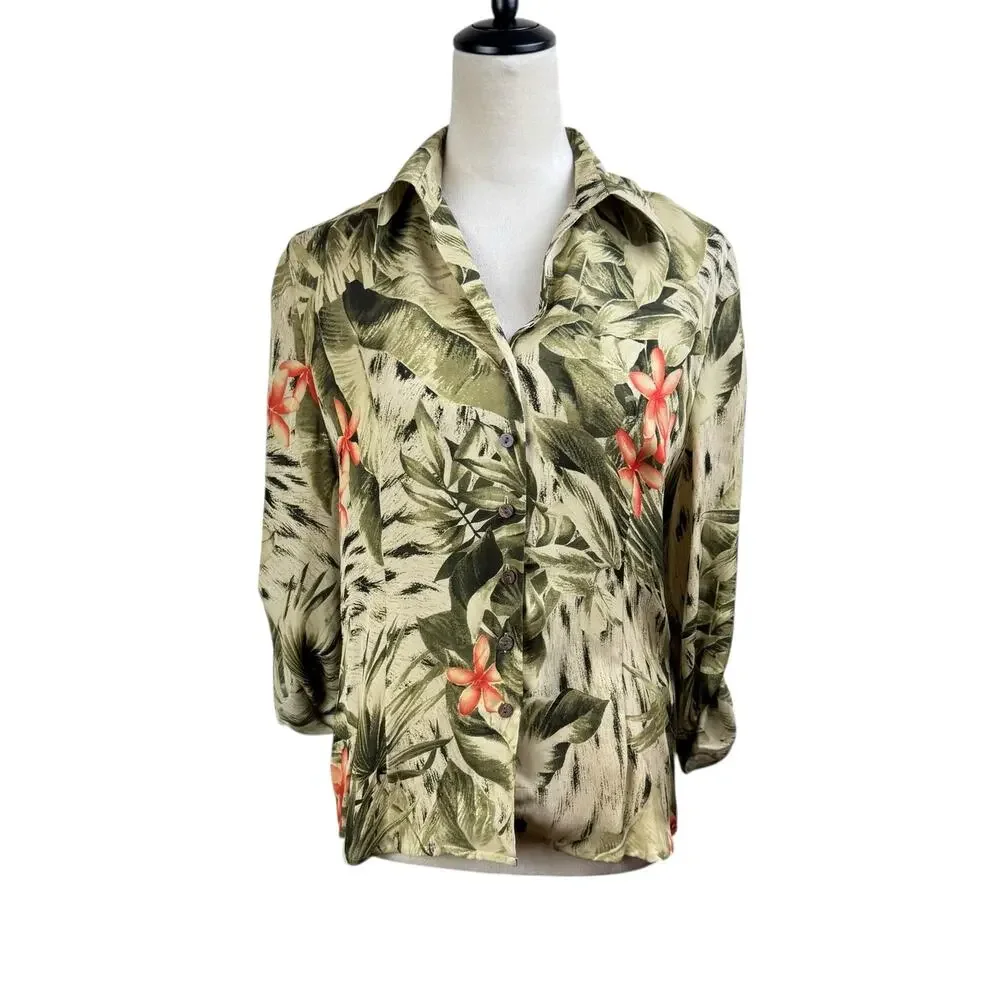 Josephine Chaus Womens 2 Piece Green Tropical Floral Print Silk Matching Set